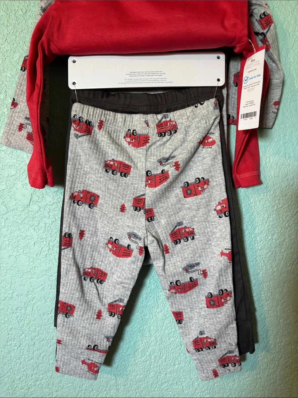 Carter's boys 4 piece long sleeve set fire truck print red 9 mos and 18 mos NWT